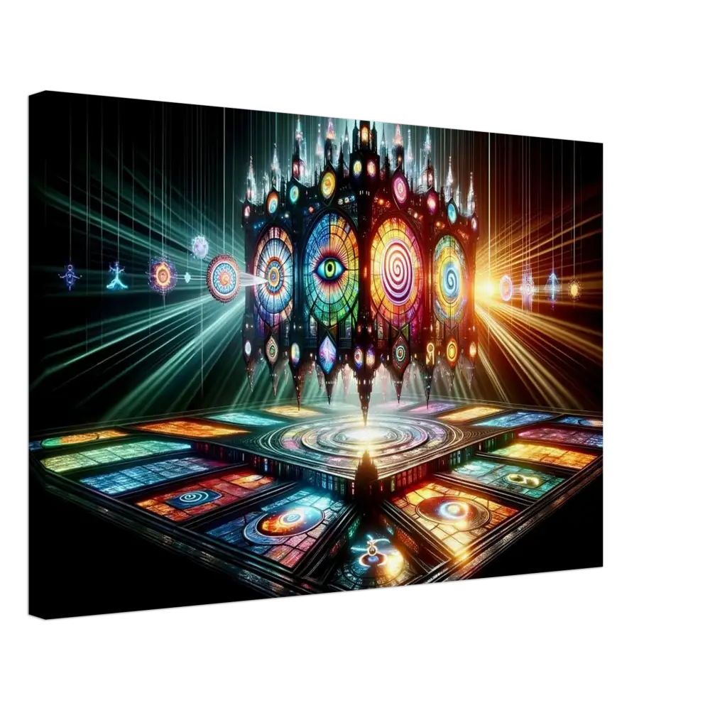 Ornate stained-glass structure with mystical symbols in Canvas – Cathedral of the Mind’s Eye display