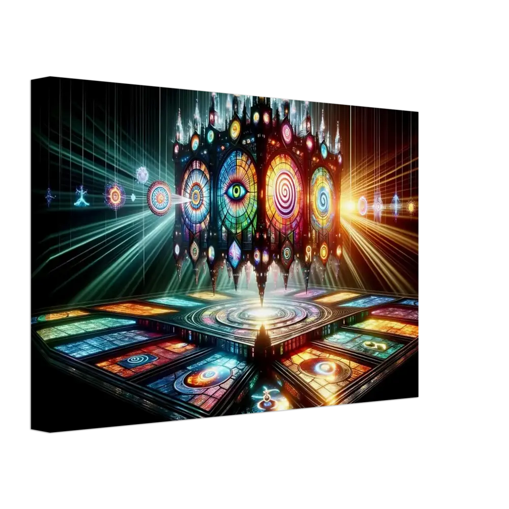 Ornate stained-glass cube with mystical symbols from Canvas Cathedral of the Mind’s Eye PixiOnyx display