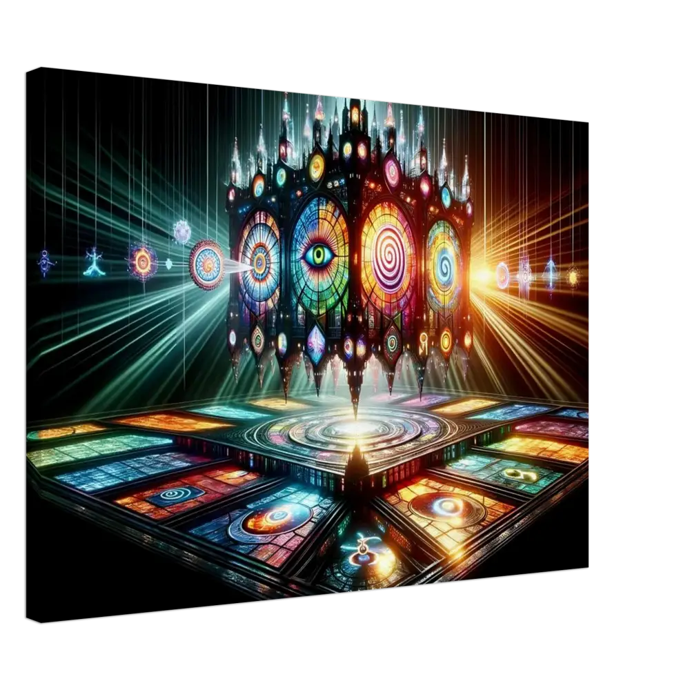 Elaborate colorful stained-glass temple art for Canvas – Cathedral of the Mind’s Eye PixiOnyx display
