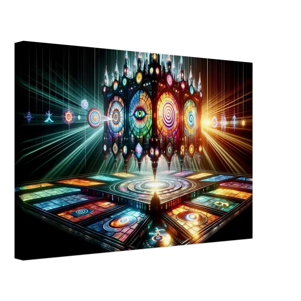 Ornate stained-glass structure with mystical symbols in Canvas Cathedral of the Mind’s Eye PixiOnyx display