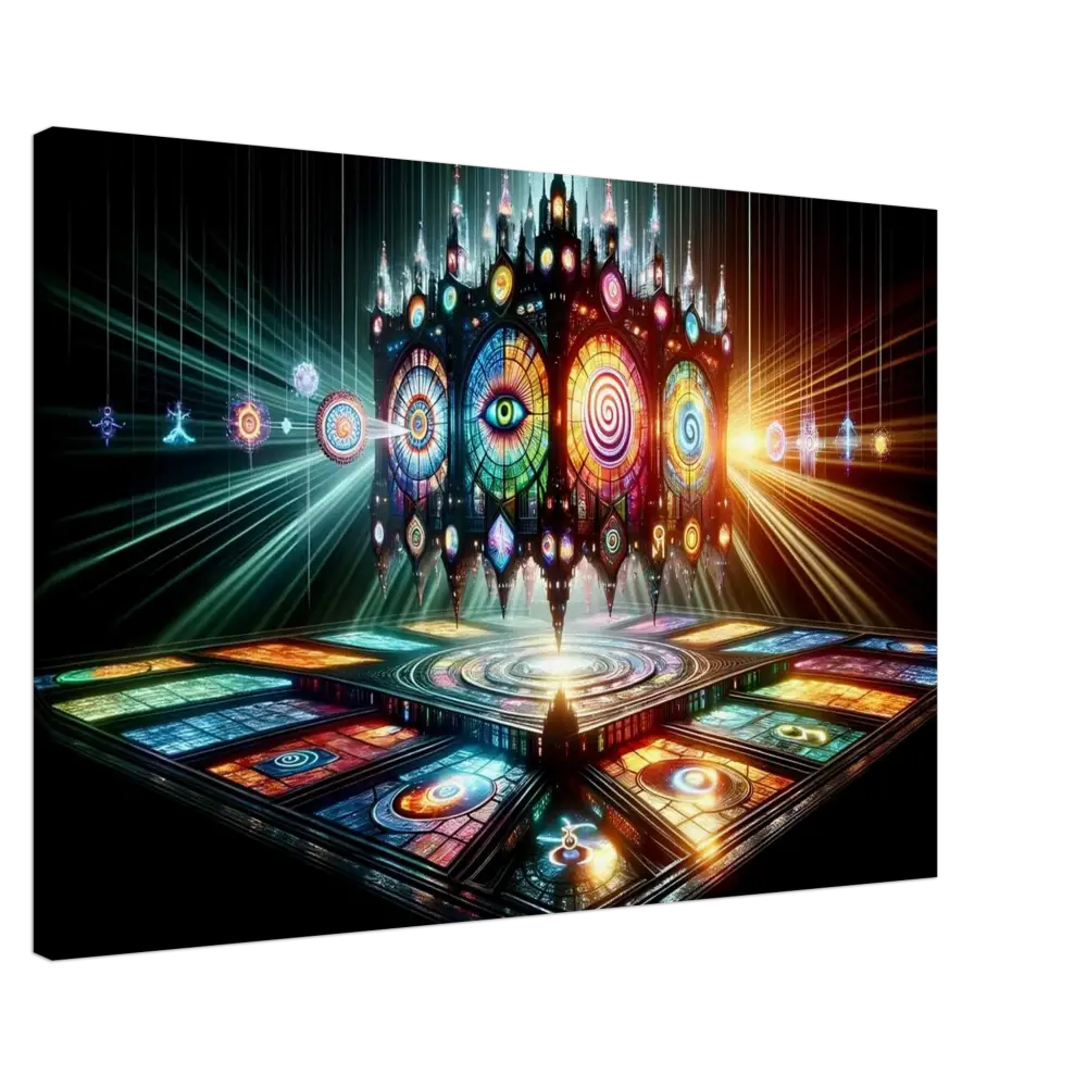 Elaborate stained-glass structure with mystical symbols in Canvas Cathedral of the Mind’s Eye PixiOnyx Stained Light Display