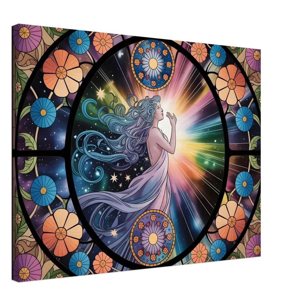 Stained-glass-style celestial woman illustration on Canvas – Celestial Bloom PixiOnyx Cosmic Cloth Display