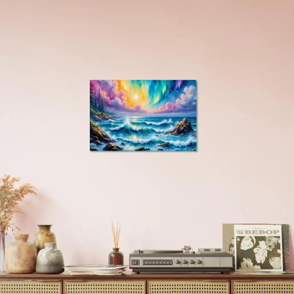 Canvas Celestial Tide aurora ocean fantasy wall art with vibrant crashing waves and sunset hues