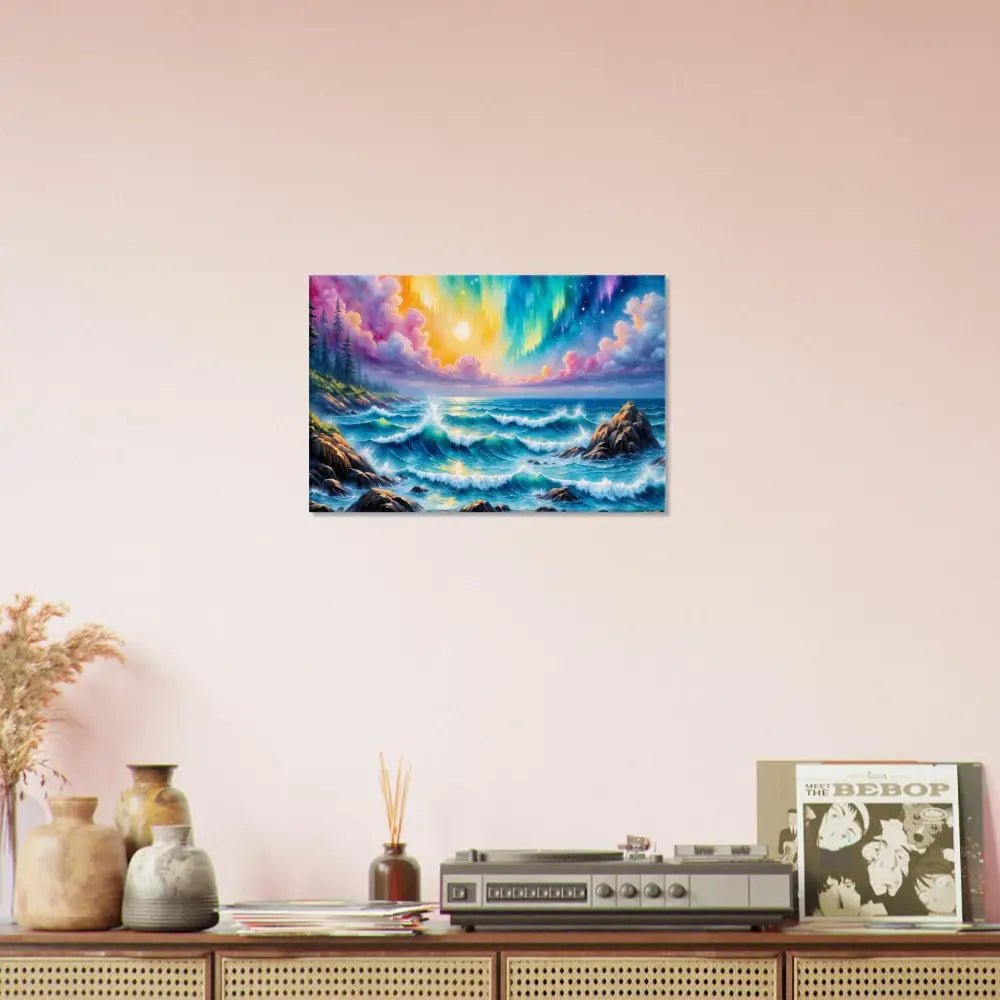 Vibrant Celestial Tide painting of Aurora Ocean Fantasy with colorful sky for walls breathe
