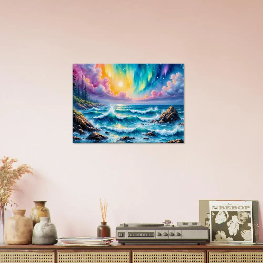 Vibrant Canvas Celestial Tide painting of stormy sea and Aurora Ocean Fantasy sky