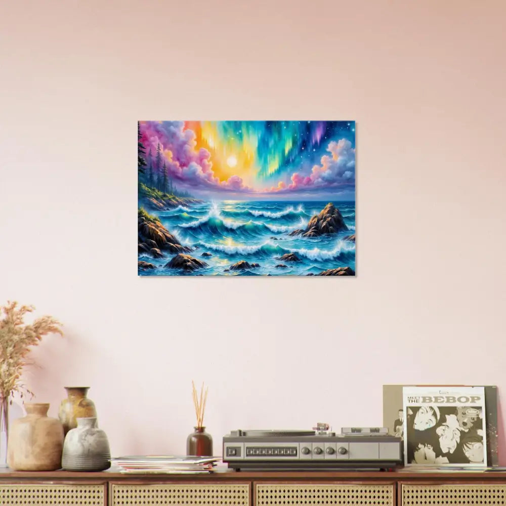 Canvas Celestial Tide Aurora Ocean Fantasy wall art depicting stormy ocean and vibrant sunset