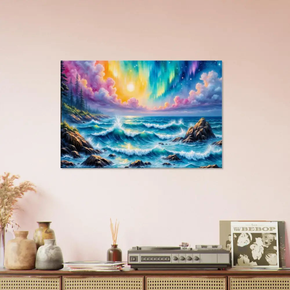 Vibrant Canvas Celestial Tide aurora ocean fantasy painting with glowing waves under stars