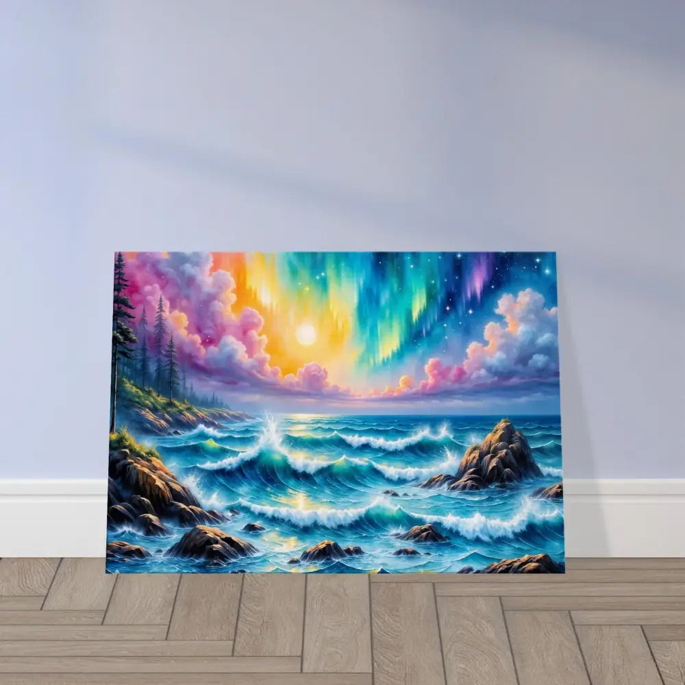 Colorful Canvas Celestial Tide Aurora Ocean Fantasy wall art depicting vibrant ocean and aurora