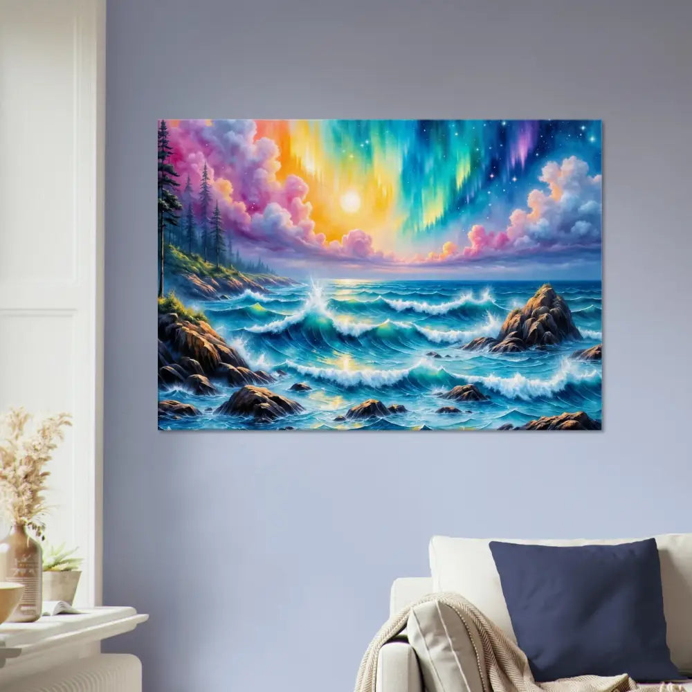 Colorful celestial tide painting of aurora ocean fantasy scene for vibrant walls breathe