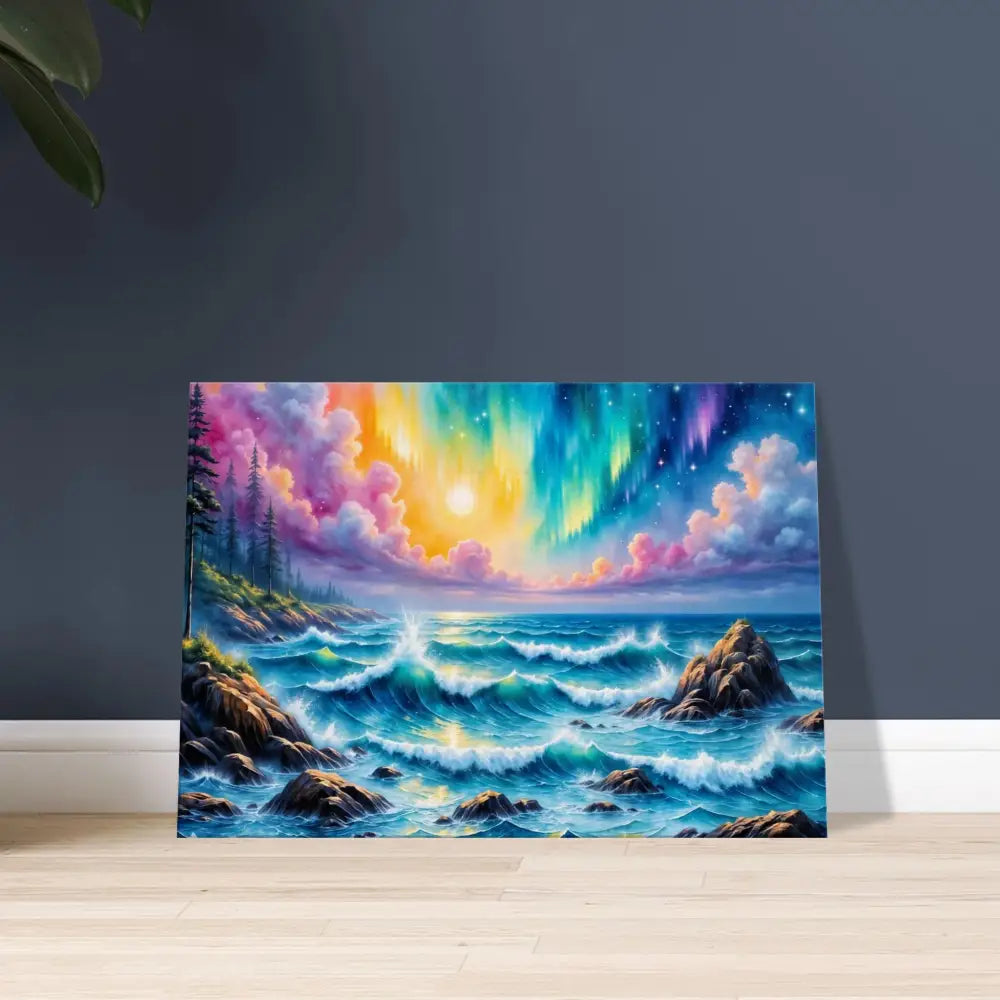 Vibrant celestial tide seascape painting with aurora ocean fantasy and crashing waves
