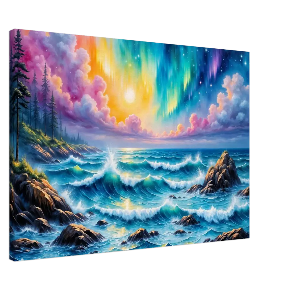 Vibrant Canvas – Celestial Tide Aurora Ocean Fantasy wall art over rocky coastline