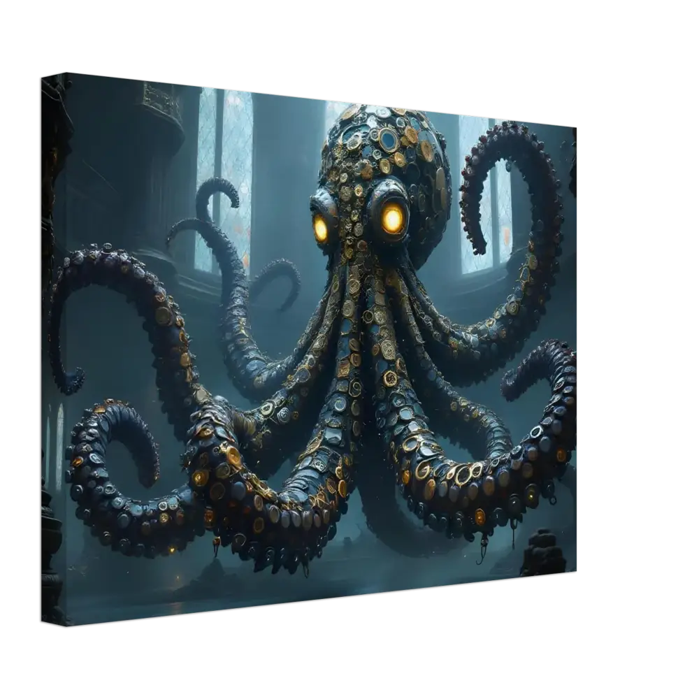 Steampunk-style octopus with glowing eyes on Canvas Clocktopus PixiOnyx Dreamcore Deep Sea Wrap