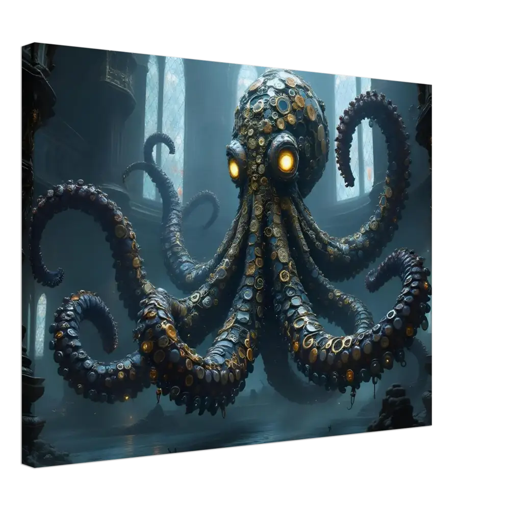 Steampunk-style octopus with glowing eyes on Canvas Clocktopus PixiOnyx Dreamcore Deep Sea wrap