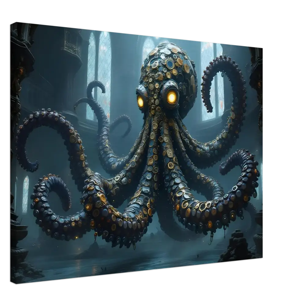 Steampunk-style octopus with glowing eyes on Canvas Clocktopus PixiOnyx Dreamcore Deep Sea Wrap