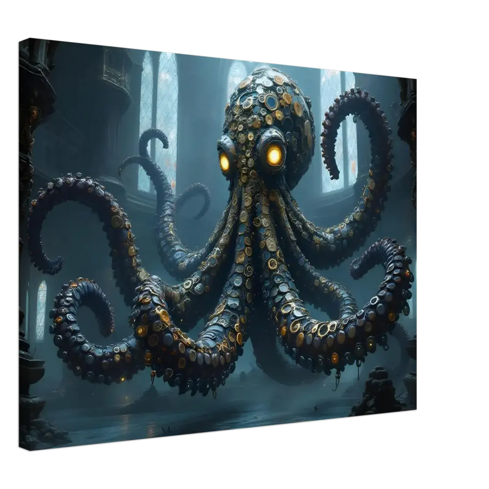 Steampunk-style octopus with glowing eyes on Canvas Clocktopus PixiOnyx Dreamcore Deep Sea Wrap
