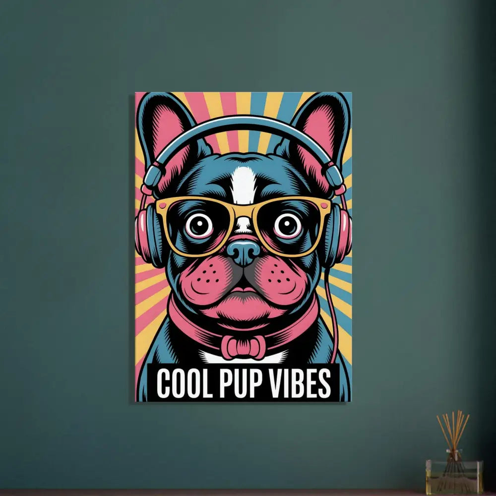 Vibrant pop art poster of French Bulldog with headphones on artist-grade cotton-poly blend canvas