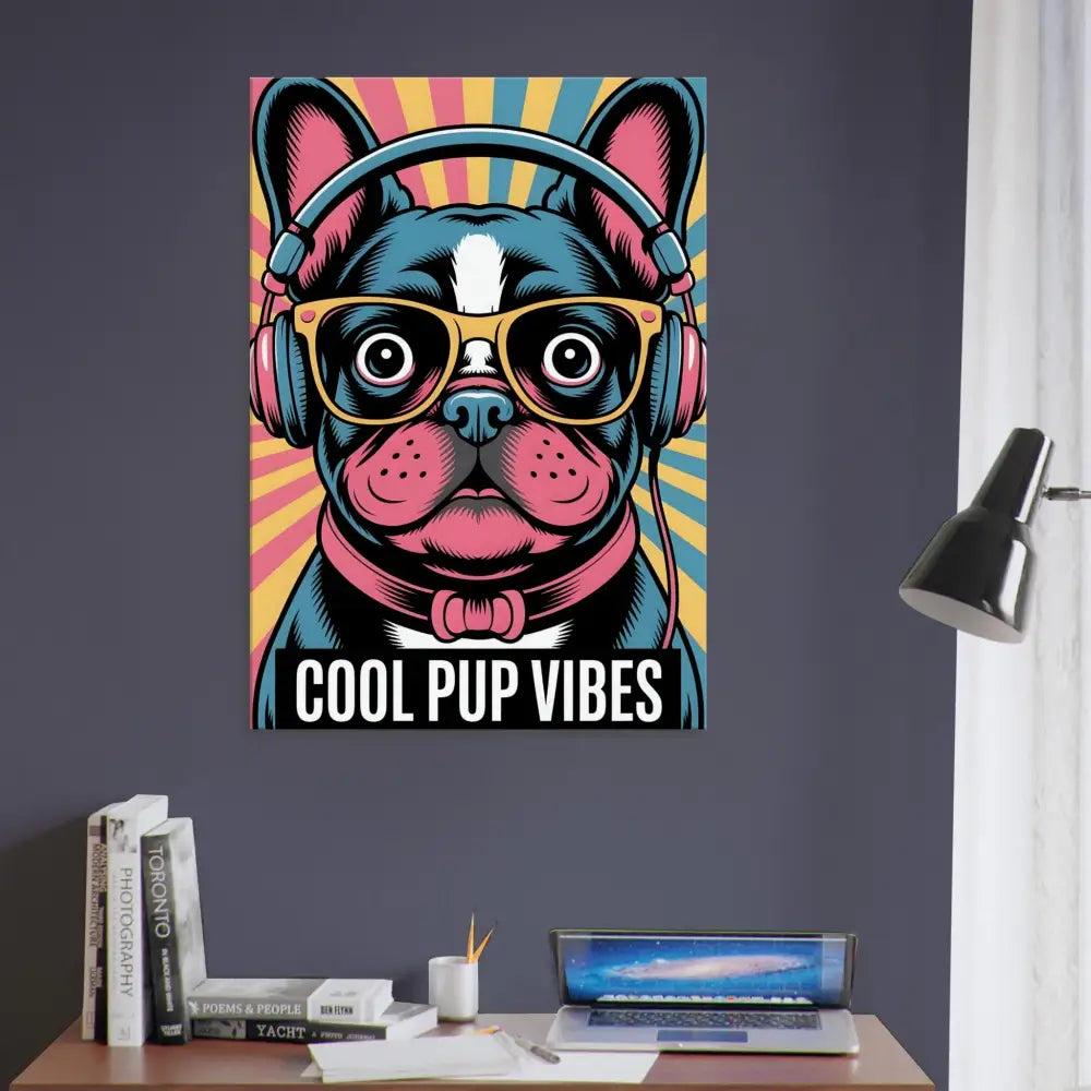 Colorful pop art style French bulldog print on cotton-poly blend canvas with headphones