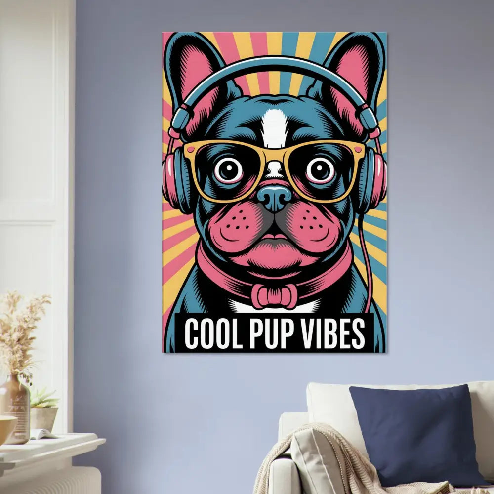 Pop art French Bulldog wearing headphones and sunglasses on Canvas cotton-poly blend canvas