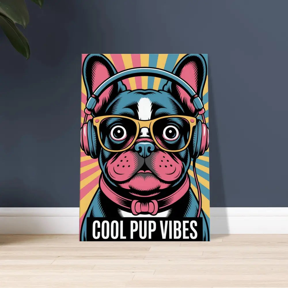 Pop art style canvas print of French Bulldog with headphones on cotton-poly blend canvas