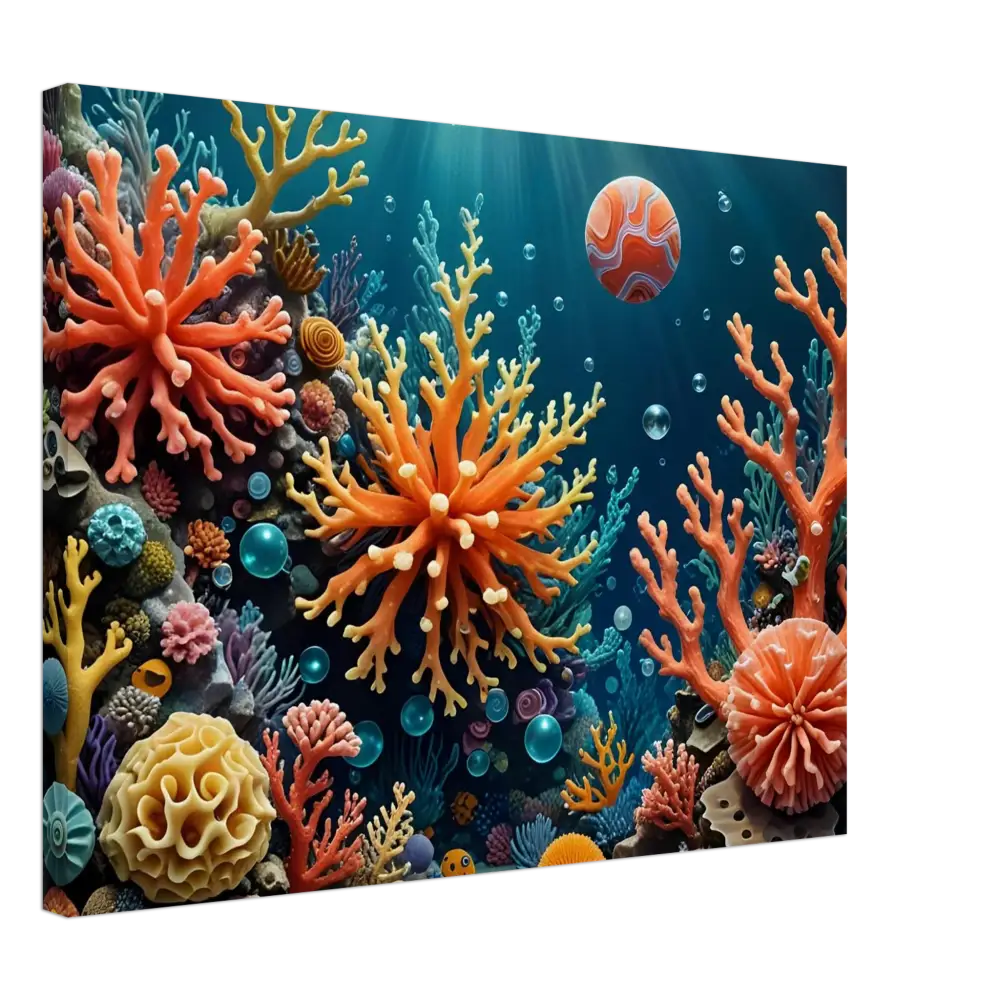 Vibrant coral reef ecosystem displayed on Canvas – Coral Reverie by PixiOnyx Undersea Dreamscape