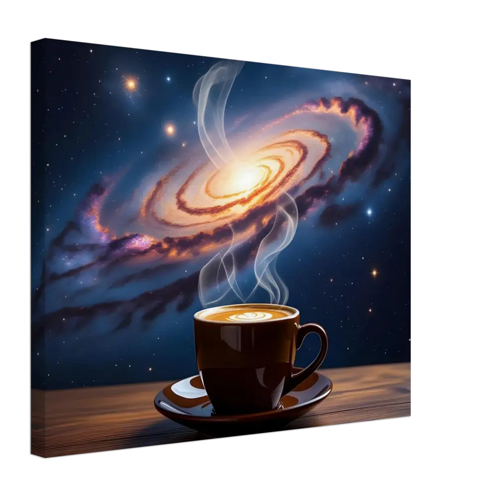 Steaming coffee cup with galaxy backdrop on PixiOnyx Dreamscape Canvas