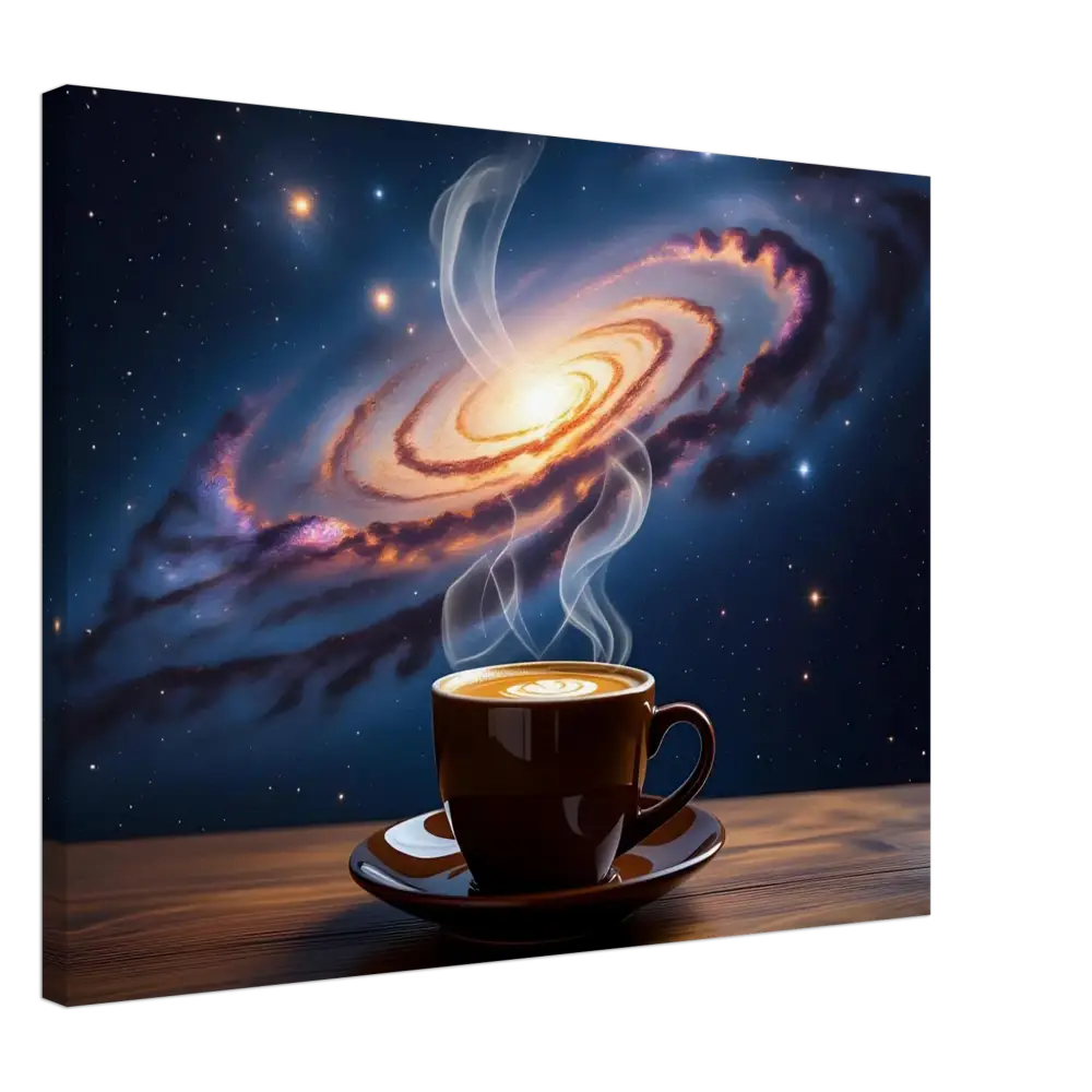 Steaming coffee in a brown mug from Canvas Cosmic Brew PixiOnyx Dreamscape Canvas