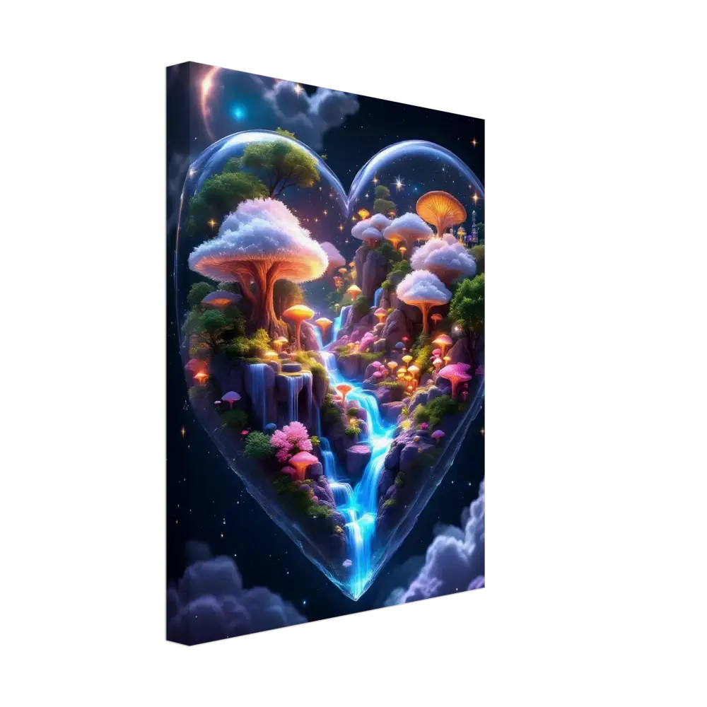 Heart-shaped fantasy landscape with glowing mushrooms and waterfall in Canvas Cosmic Heart PixiOnyx edition