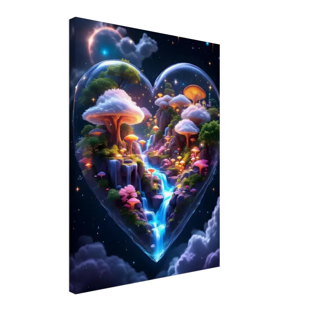 Heart-shaped fantasy landscape with glowing mushrooms and waterfall on Canvas Cosmic Heart PixiOnyx Soft Dreamscape Edition