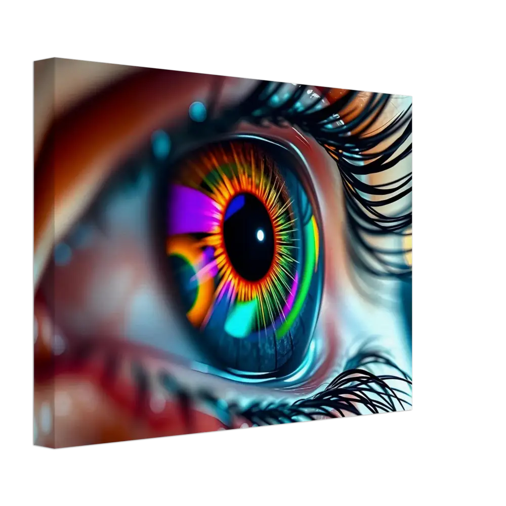 Colorful stylized eye canvas titled Cosmic Iris Portal of Vision by PixiOnyx Dreamscape
