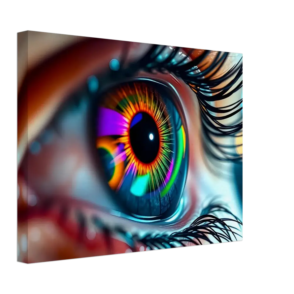 Colorful stylized eye artwork on PixiOnyx Dreamscape Canvas titled Cosmic Iris Portal of Vision
