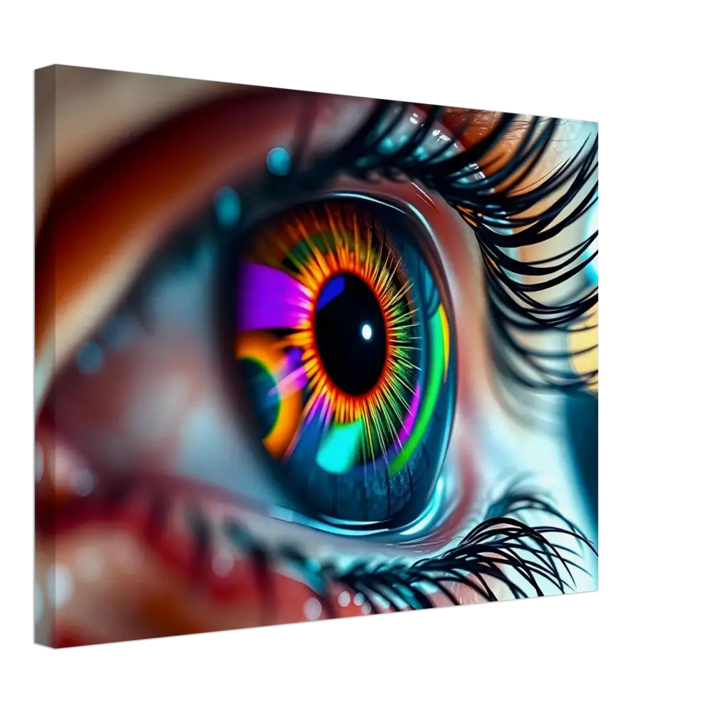 Vibrant rainbow-colored eye artwork on Canvas Cosmic Iris Portal of Vision by PixiOnyx