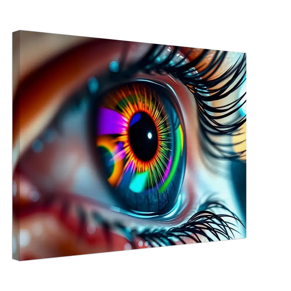 Colorful surreal eye artwork on PixiOnyx Dreamscape Canvas titled Canvas Cosmic Iris Portal of Vision