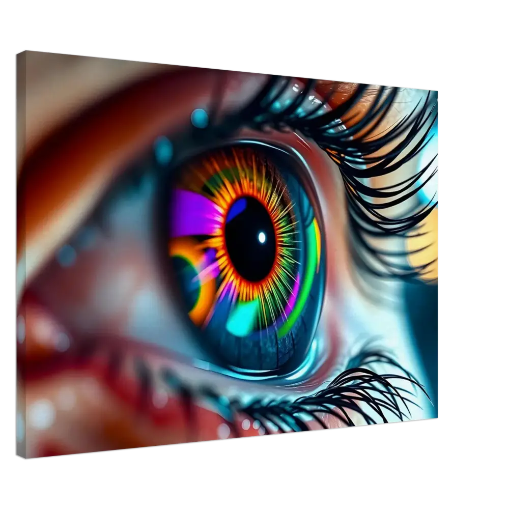 Vibrant rainbow-colored eye artwork on PixiOnyx Dreamscape Canvas titled Canvas – Cosmic Iris