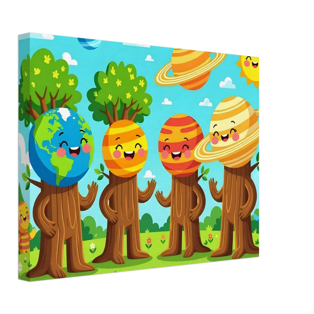 Cartoon planet-headed tree characters from Canvas Cosmic Tree Friends by PixiOnyx Stellar Kids Art