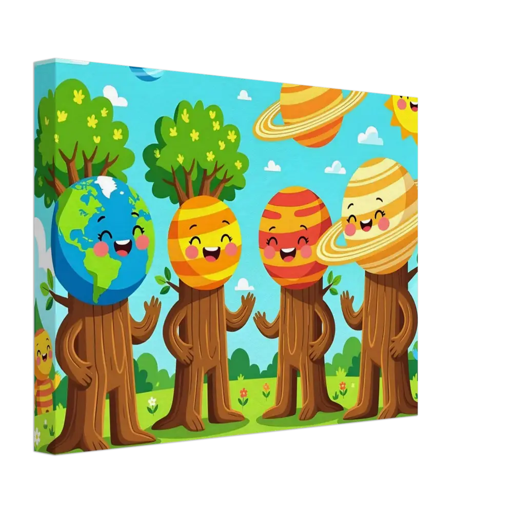 Cartoon planet-headed tree characters from Canvas Cosmic Tree Friends by PixiOnyx Stellar Kids Art