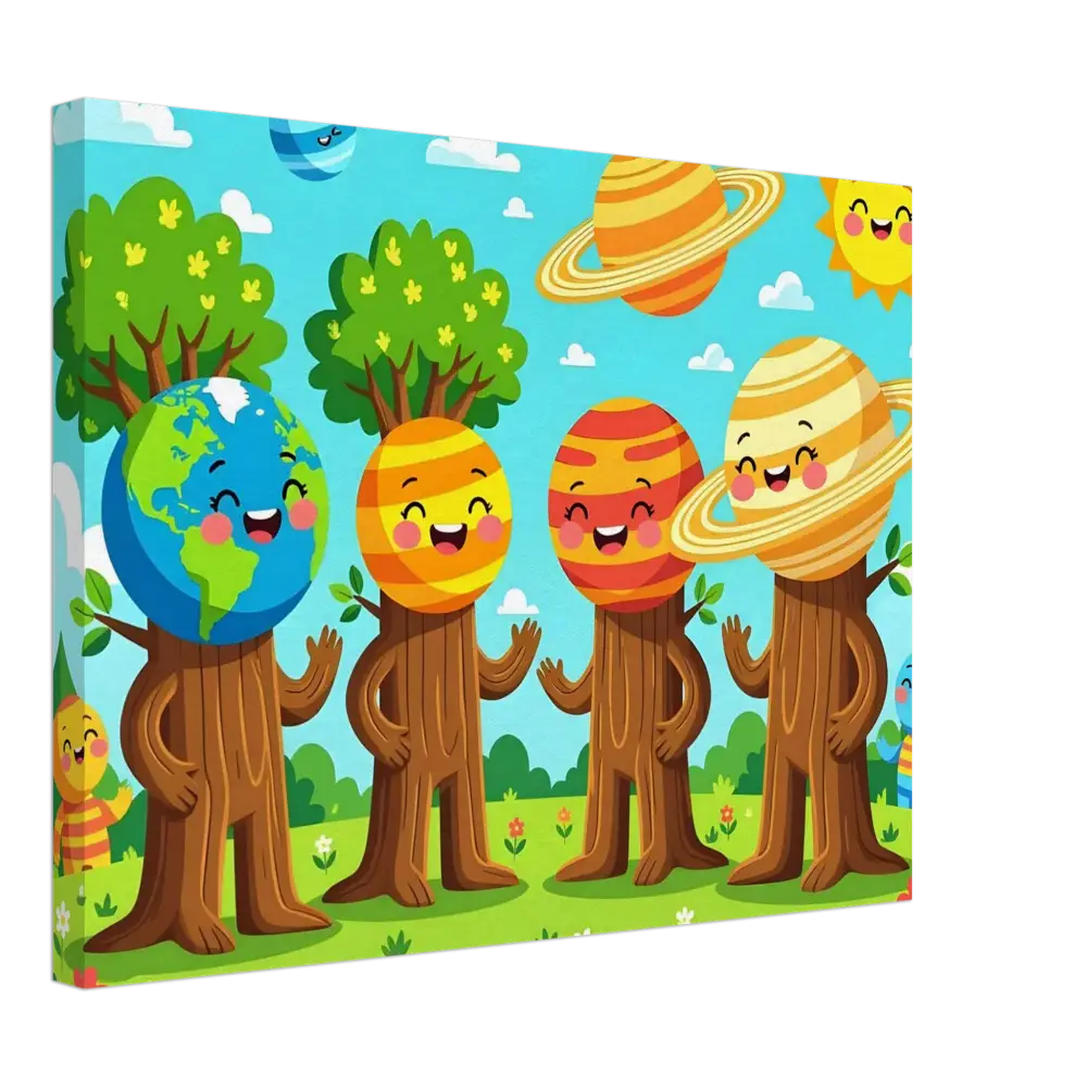 Cartoon planet-headed tree characters from Canvas – Cosmic Tree Friends PixiOnyx Stellar Kids Art