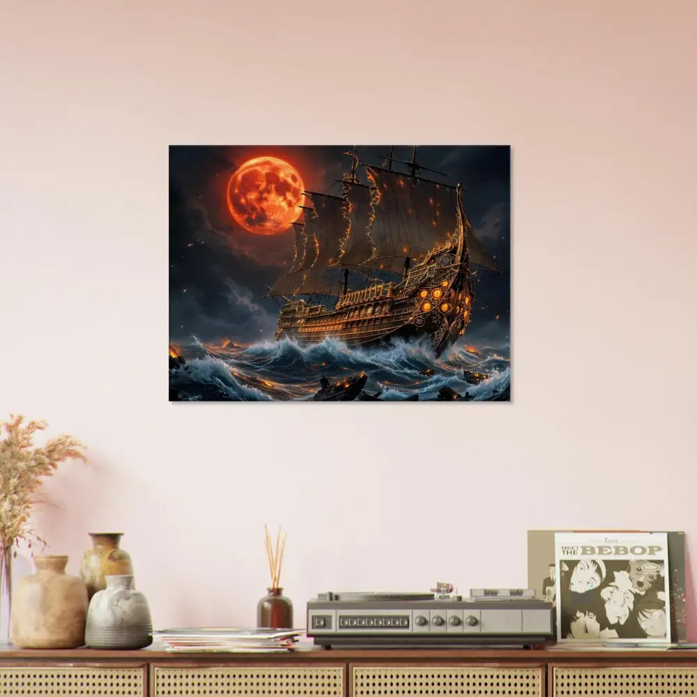 Canvas print of a blood moon armada with crashing waves collide under a stormy sea