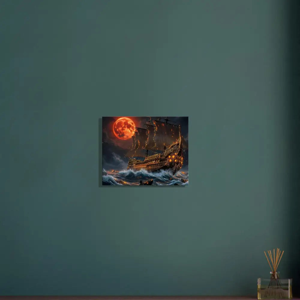 Canvas print of a pirate ship under a blood moon with crashing waves collide in PixiOnyx Infernal Voyage