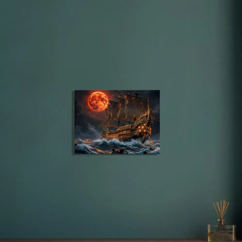 Painting of a pirate ship under a blood moon with crashing waves collide in PixiOnyx Infernal Voyage edition