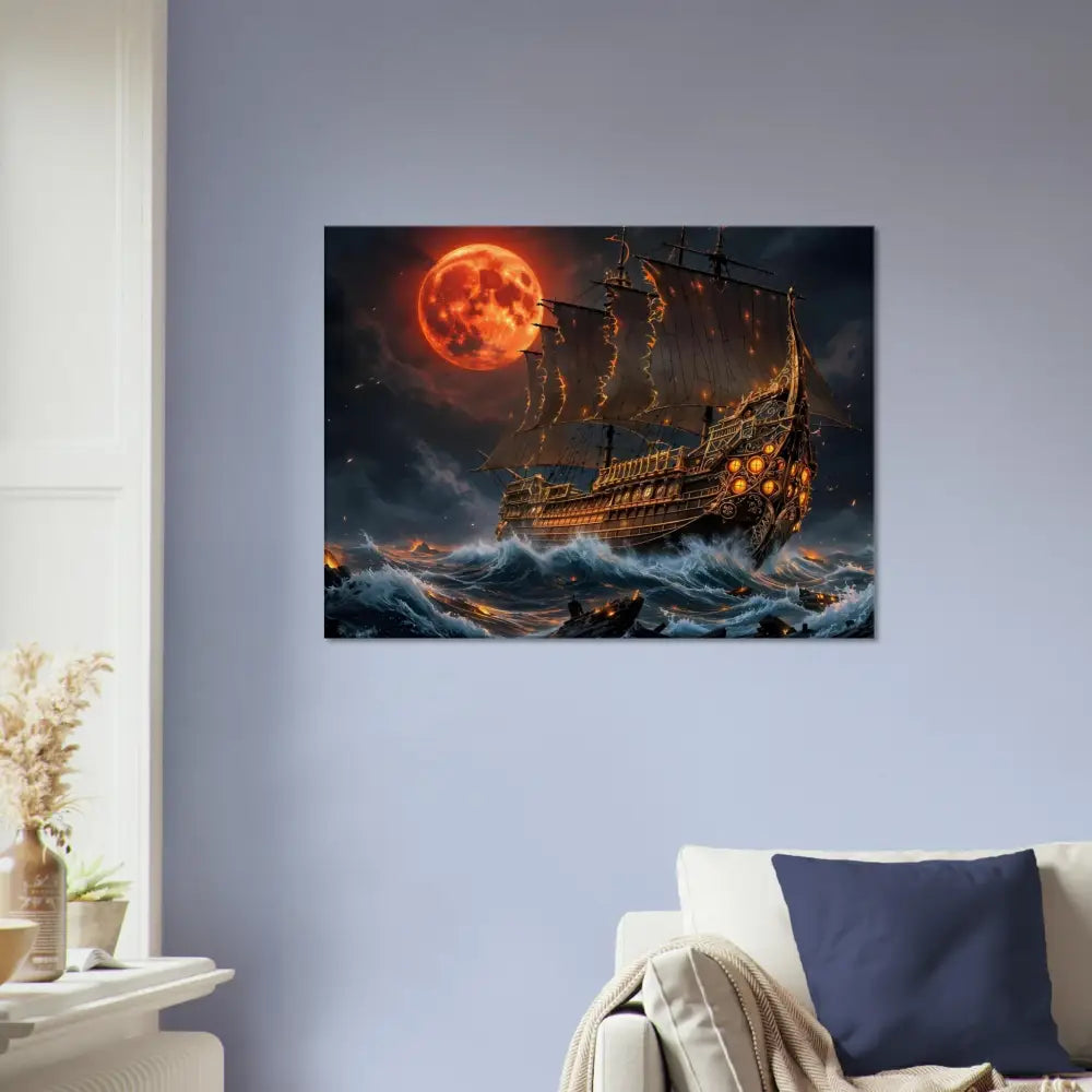 Digital painting of a blood moon armada pirate ship with crashing waves collide in PixiOnyx Infernal Voyage edition