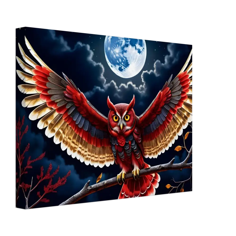 Colorful owl with outstretched wings on Crimson Wings Unfurled Canvas by PixiOnyx