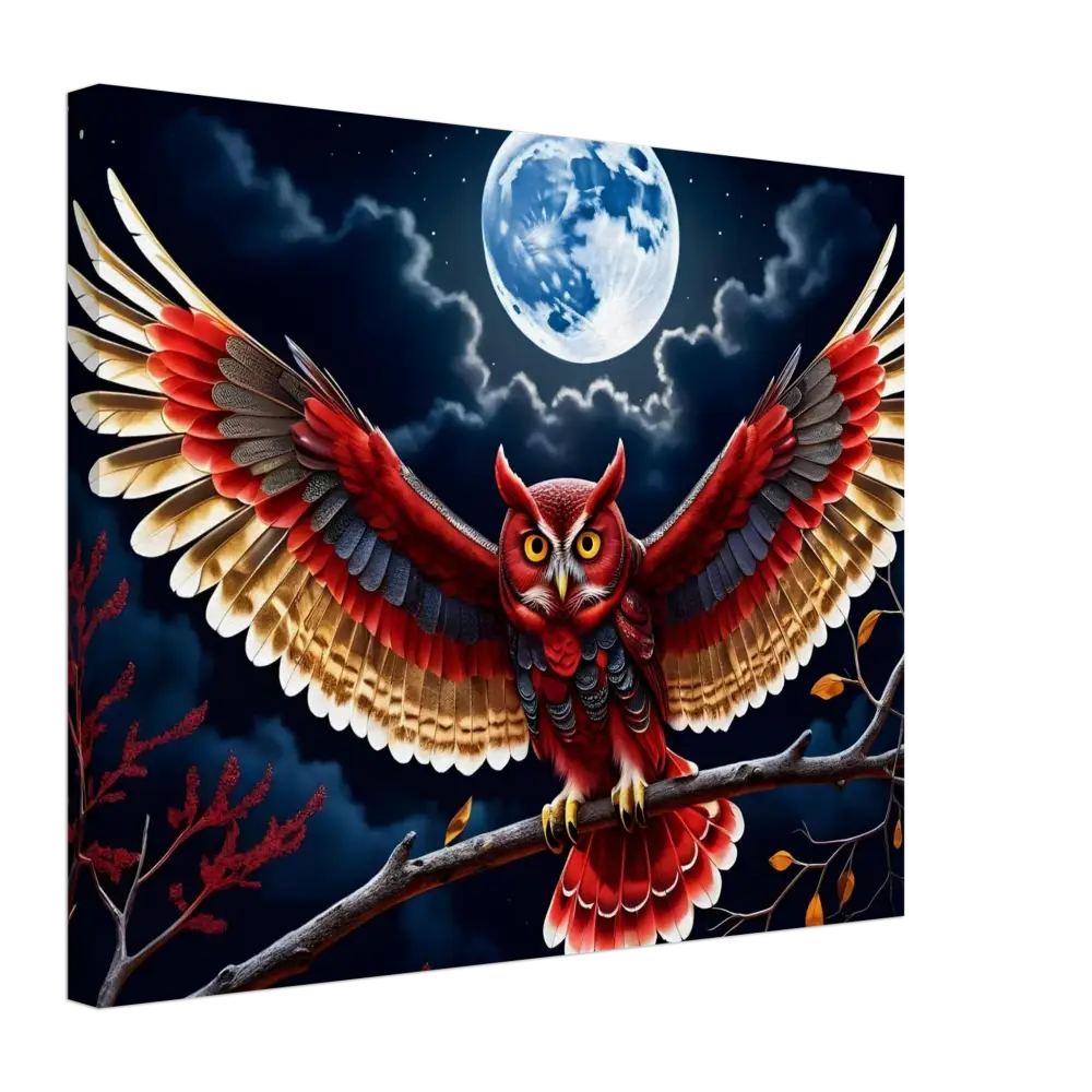 Red owl with outstretched wings from Canvas Crimson Wings Unfurled by PixiOnyx Celestial Canvas
