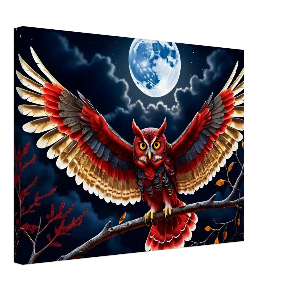Red owl with outstretched wings on PixiOnyx Crimson Wings Unfurled Canvas artwork