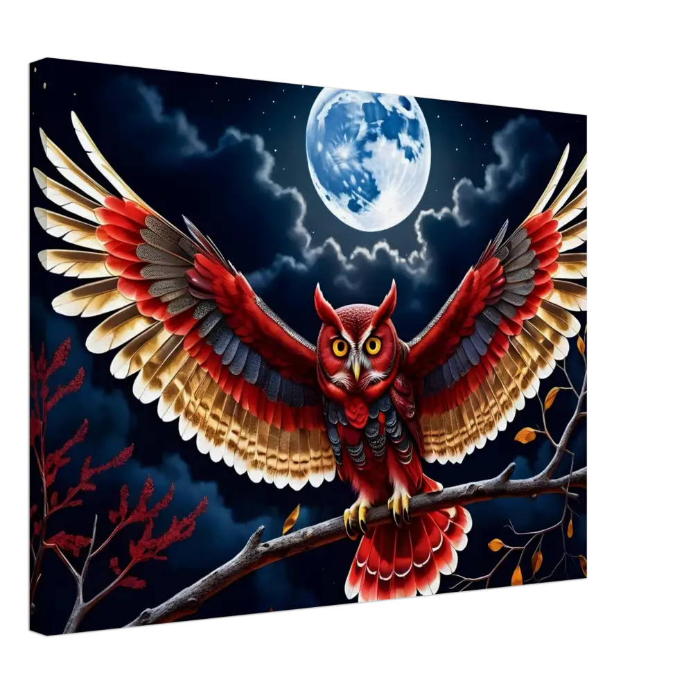 Colorful owl with outstretched wings on Canvas Crimson Wings Unfurled PixiOnyx Celestial Canvas