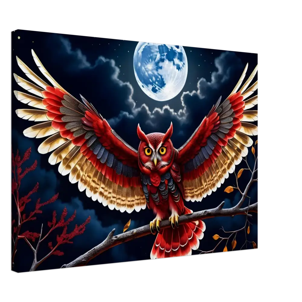 Vibrant owl with outstretched wings on Crimson Wings Unfurled Celestial Canvas by PixiOnyx