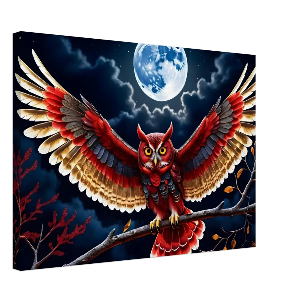 Red owl with outstretched wings on PixiOnyx Crimson Wings Unfurled Canvas artwork