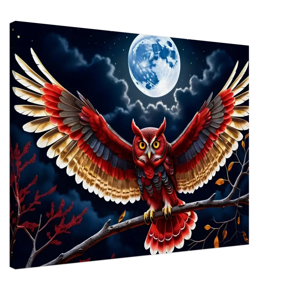Red owl with outstretched wings on Canvas – Crimson Wings Unfurled by PixiOnyx Celestial Canvas