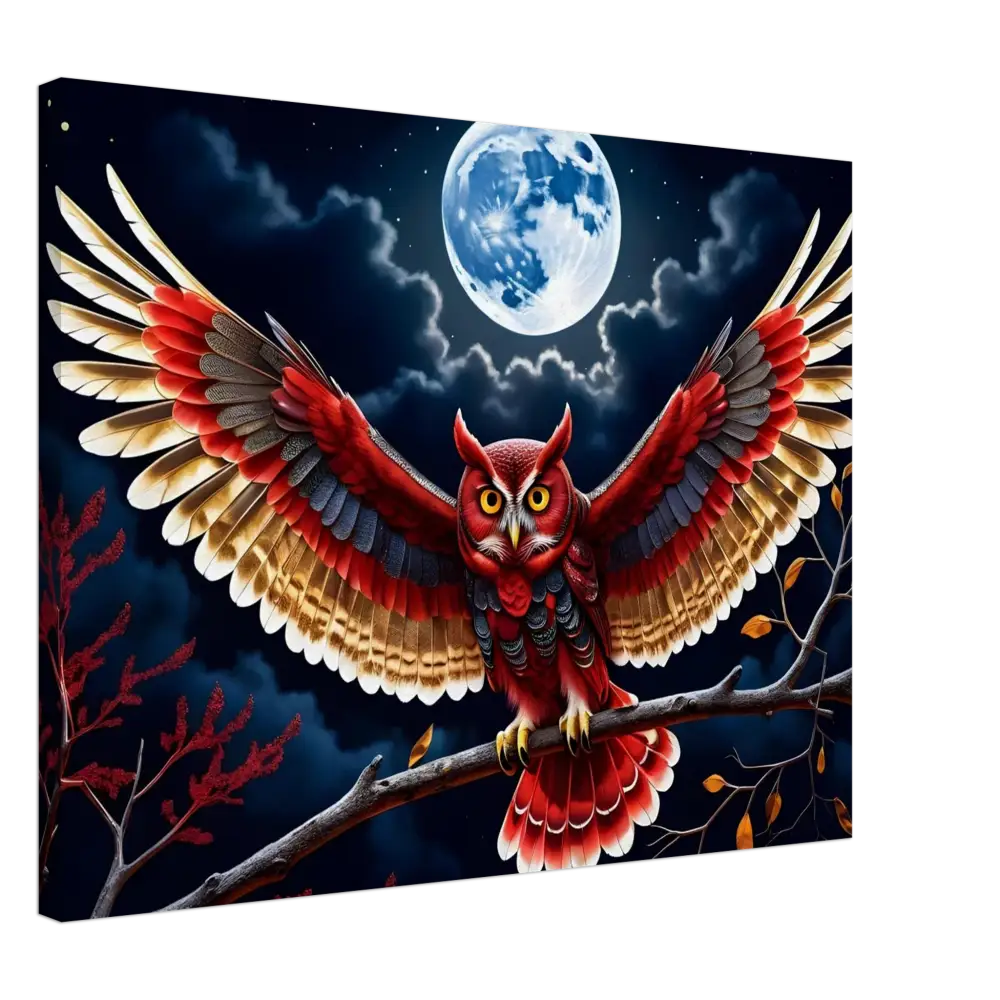 Vibrant red owl with outstretched wings on PixiOnyx Crimson Wings Unfurled Canvas