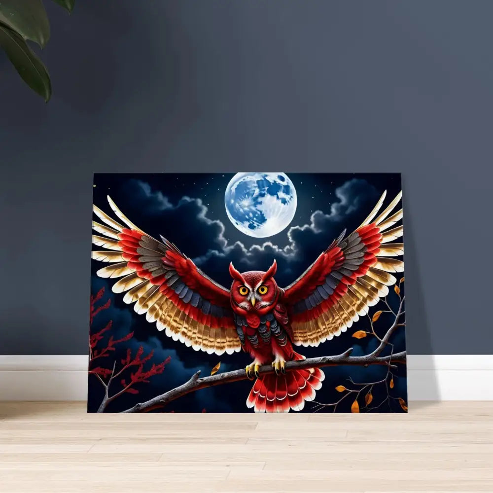 Vivid owl painting on Crimson Wings Unfurled PixiOnyx Celestial Canvas