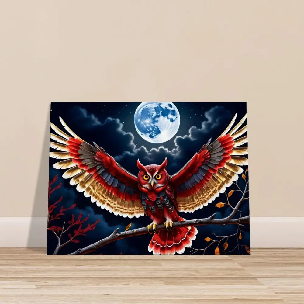 Colorful owl painting on Crimson Wings Unfurled Celestial Canvas by PixiOnyx